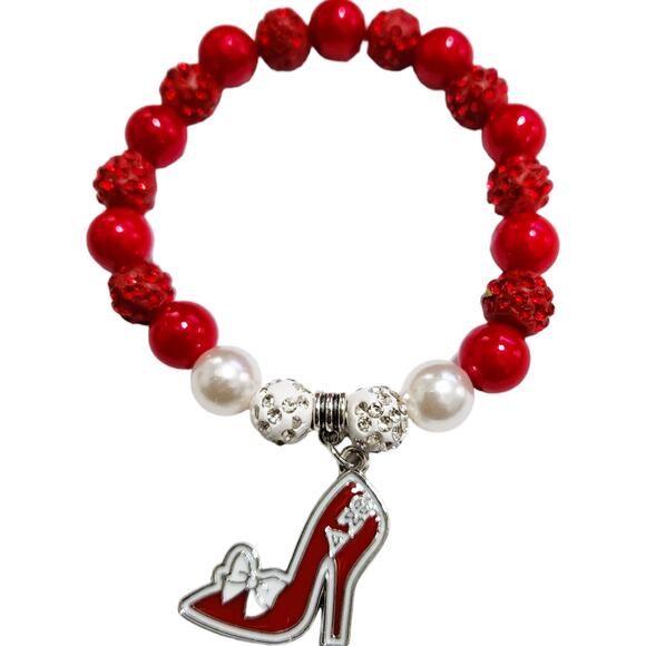 Delta Sigma Theta Bracelet Red and White Pearls, Rhinestone and Pendant - Picture 4 of 4